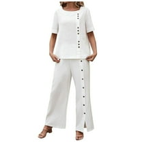BYHONG Fall Sets Women 2 Piece Outfits Elegant Loose Comfortable Button Solid Color Short Sleeved Top Split Pants Suit White L