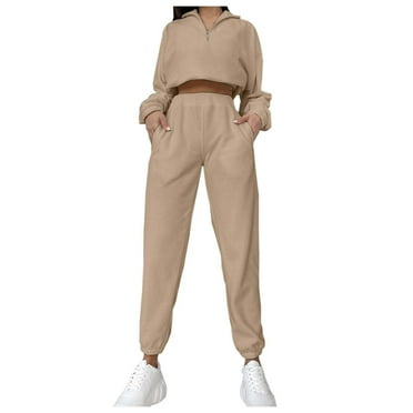 BYHONG Fall Sets Women 2 Piece Outfits Solid Color Casual Stand Sweatshirt and Pants Set Two Piece Outfit Khaki M