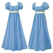 BYHONG Festival Regency Dresses for Women with Satin Sash Ruffled Puff Sleeve Empire Waist Dress Gown Skirts for Women Blue M