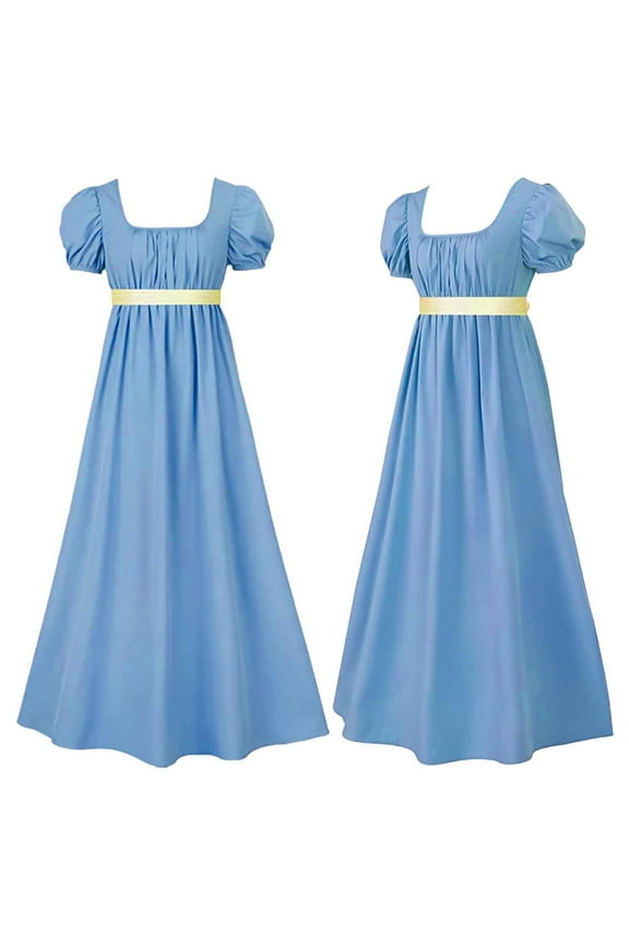 BYHONG Festival Regency Dresses for Women with Satin Sash Ruffled Puff Sleeve Empire Waist Dress Gown Skirts for Women Blue S