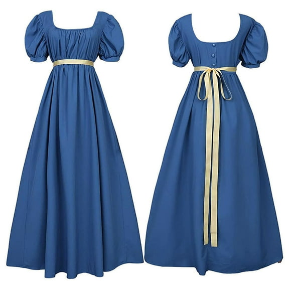 BYHONG Festival Regency Dresses for Women with Satin Sash Ruffled Puff Sleeve Empire Waist Dress Gown Skirts for Women Dark Blue S
