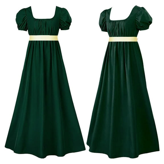 BYHONG Festival Regency Dresses for Women with Satin Sash Ruffled Puff Sleeve Empire Waist Dress Gown Skirts for Women Green XL