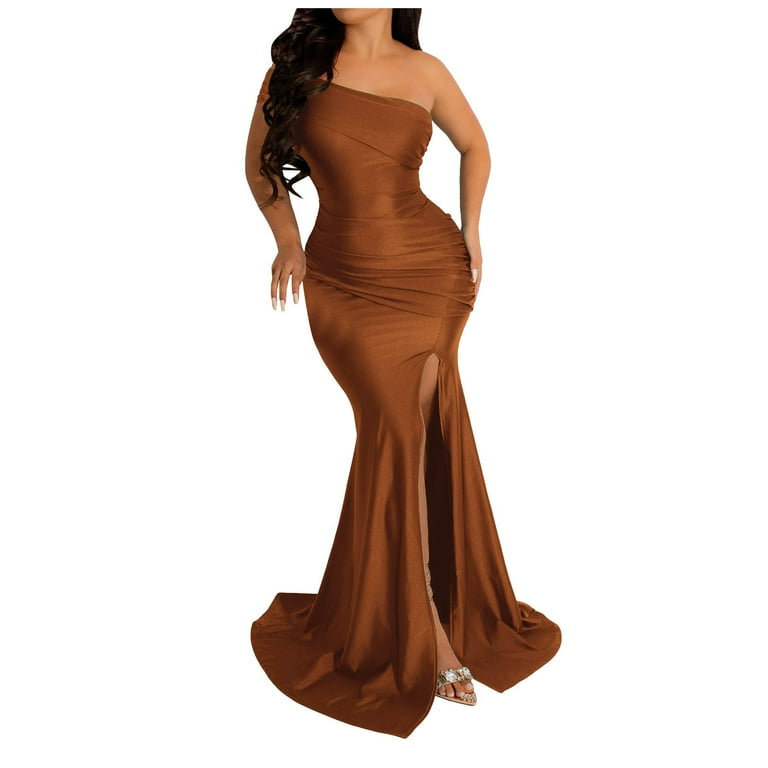 BYHONG Formal Dresses for Women 2024 Women's Dress Evening Gown One  Shoulder Slit Dress Womens Formal Dresses Brown L - Walmart.com