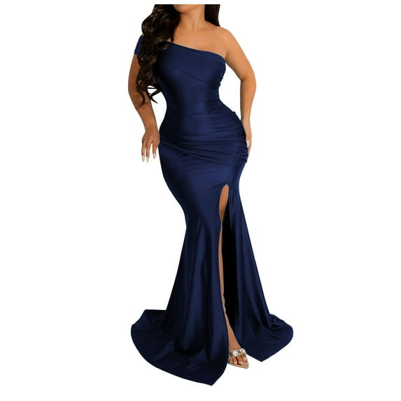 BYHONG Formal Dresses for Women 2024 Women's Dress Evening Gown One Shoulder Slit Sexy Dress Womens Formal Dresses Navy M