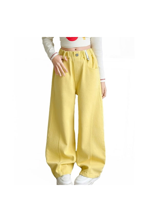 BYHONG Girls Fashion Cute Personality Lined Pants Elastic Waist Wide Leg Jeans Casual Demin Pants with Pockets Yellow 140