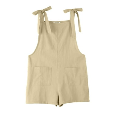 BYHONG Girls Overalls Girls Romper Sleeveless Adjustable Tie Up Strap Short Jumpsuits Summer Clothes with Pocket Khaki 6-7 Years