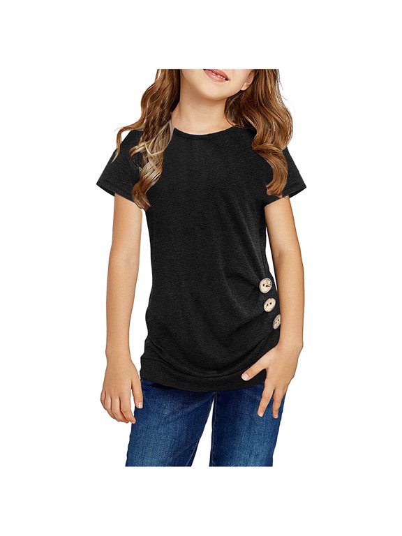 BYHONG Girls T Shirt Casual Tops Front Blouse Casual Daily Shirt for Kids Black M