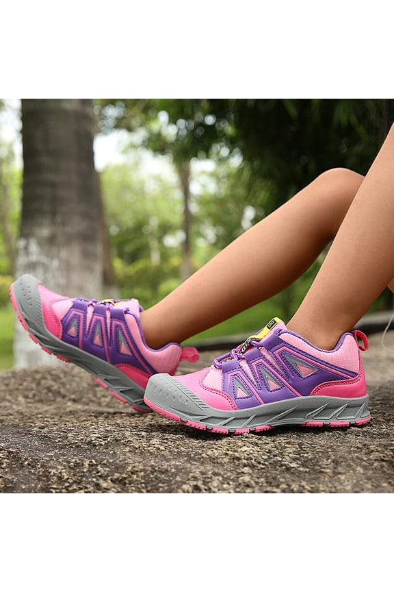 BYHONG Girls Thick Sole Hiking Sneakers Outdoor Sports Shoes for Kids & Teens Durable School Trail Shoes Pink 4 (US Size)