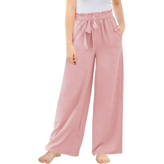 BYHONG Girls Wide Leg Pants High Elastic Smocked Waist Casual Flowy Cute Long Trousers Pink 160
