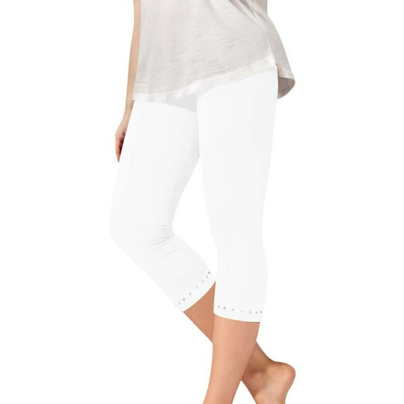 BYHONG Girls Yoga Pants with Rhinestone Trim Comfortable Stretchy Capris for Everyday Wear Casual School Outdoor Activities Spring Summer Fall White 130