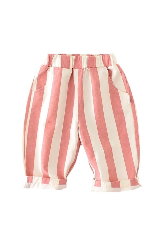 BYHONG Girls and Boys Minimalist Striped Pants Kids Daily Elastic Waist Pants Pink 90