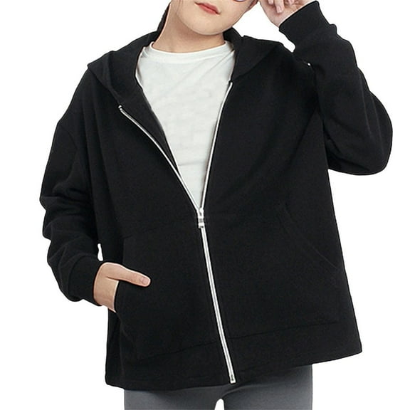 BYHONG Jackets for Girls Fall Winter Children's Hooded Coat Large Children's Casual Top Zipper Coat for Girls Black 13-14 Years