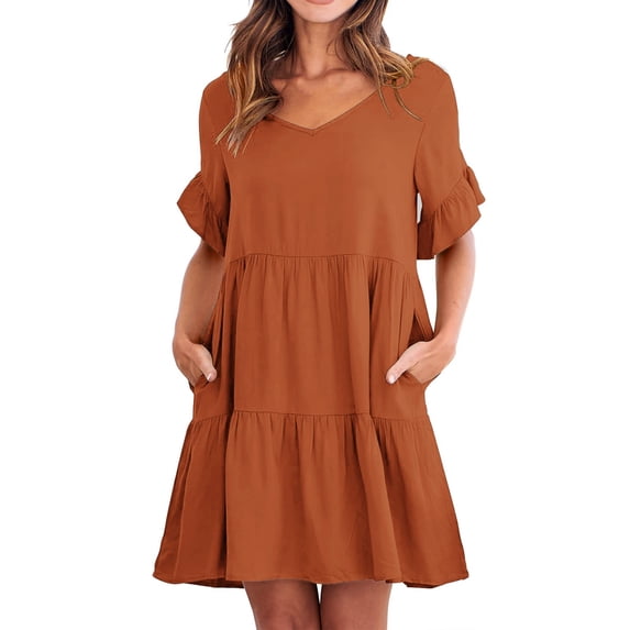 BYHONG Ladies Summer Casual V Neck Layered Ruffle Hem Pocket A Line Mini Swing Beach Short Sleeve Dress Orange S
