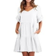 thumbnail image 1 of Bmisegm Ladies Summer Casual V Neck Layered Ruffle Hem Pocket A Line Mini Swing Beach Short Sleeve Dress White XXL, 1 of 6