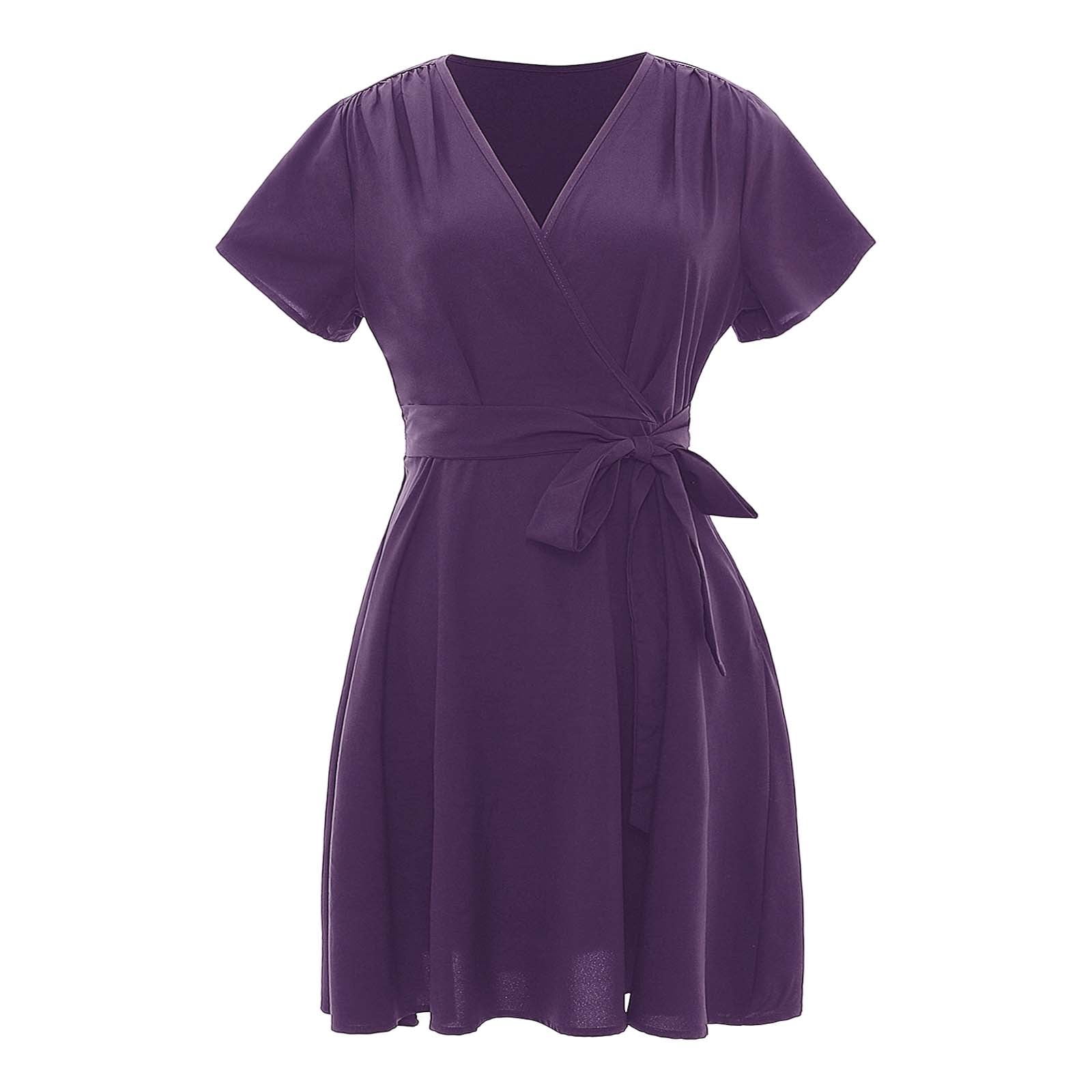 SCOMCHIC Women's Plus Size Long Sleeve Wrap V Neck Tie Waist A Line Mini Short Dress