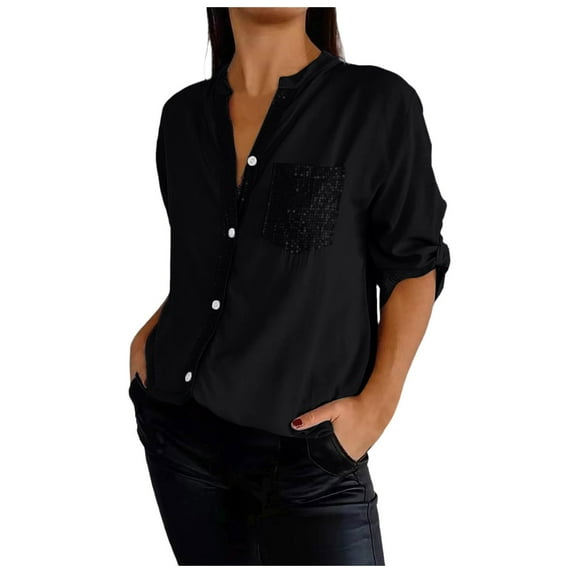 BYHONG Long Sleeve Shirts for Women Womens Button Down Shirts Plaid Shackets Business Casual Blouse Top Black S
