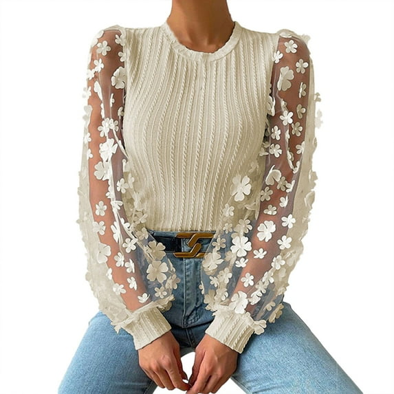 Bmisegm Mesh Small Flower Chiffon Shirt for Women's 2024 Spring/summer Round Neck Pullover Long Sleeved Top Women Clothes Khaki XXL