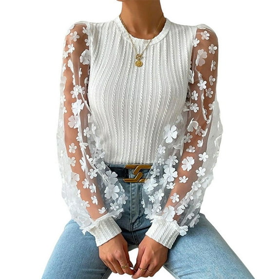 Bmisegm Mesh Small Flower Chiffon Shirt for Women's 2024 Spring/summer Round Neck Pullover Long Sleeved Top Women Clothes White M