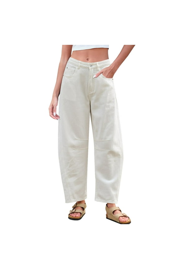 Mid Rise Barrel Jeans for Women Wide Leg Mid Waist Cropped Denim Pants Baggy Boyfriend Jeans with Pockets Women Pants M White