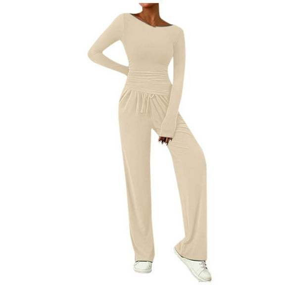 BYHONG Omen 2 Piece Casual Suit Pleated Short Sleeve Top and High Waisted Wide Leg Pants Tracksuit Set White M
