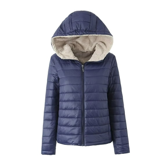 BYHONG Parkas for Women Women'S Checked Lamb Velvet Jacket Casual Slim Fit Zipper Solid Color Keep Warm Hooded Long Sleeve Long Coat Blue XL