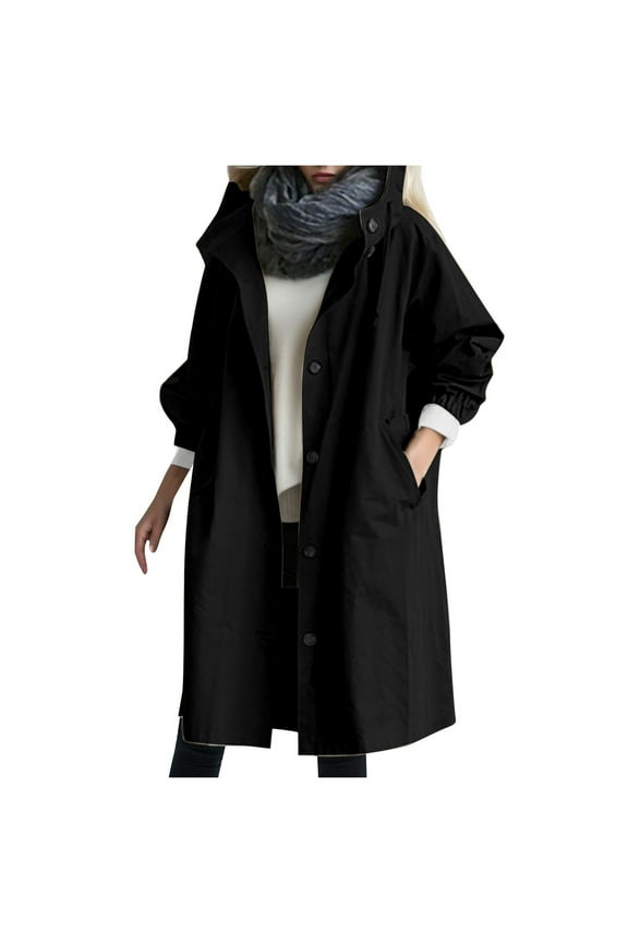 BYHONG Plus Size Long Raincoat Lightweight Hooded Windbreaker Jackets with Pockets Black S