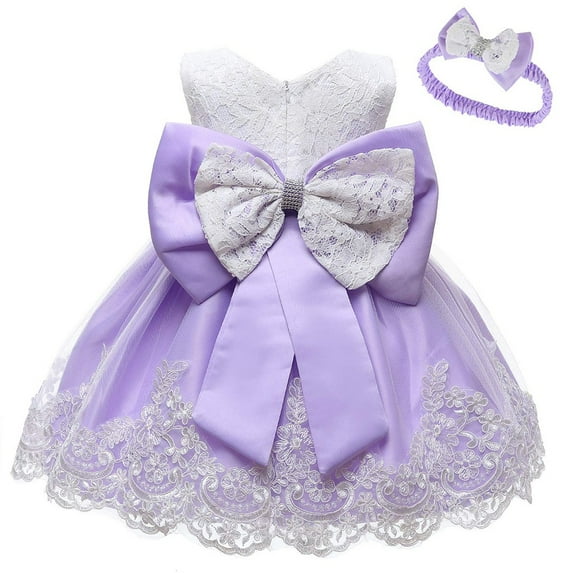 BYHONG Princess Dresses Clothes Baby Formal Tutu Set Dress+Headband Bowknot Princess Girls Wedding Lace Girls Dress&Skirt Girls Dresses Purple 18M