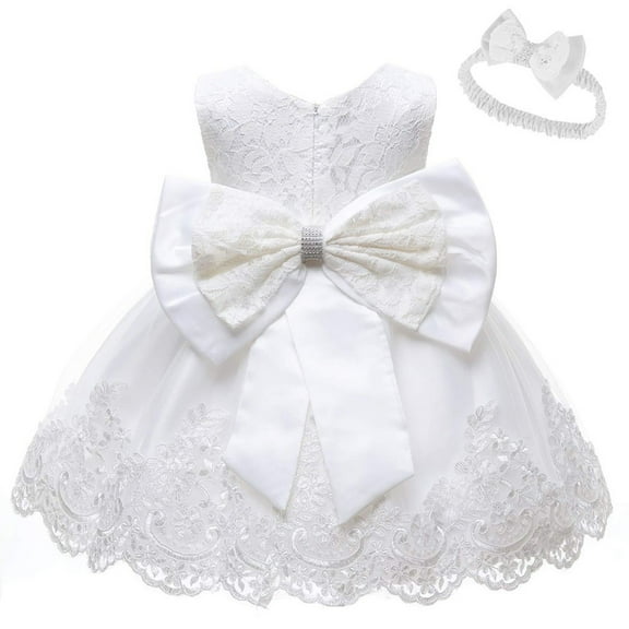 BYHONG Princess Dresses Clothes Baby Formal&nbsp;Tutu Set Dress+Headband Bowknot&nbsp;Princess Girls Wedding Lace Girls Dress&Skirt Girls Dresses White 12M