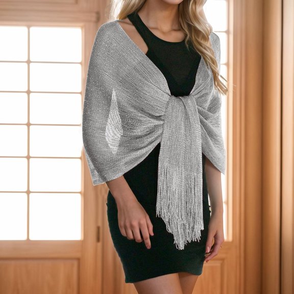 BYHONG Rheane Sparkling Metallic Shawls and Wraps with Buckle for Evening Party Dresses Wedding Party Gold and Silver Silk Tassel Scarf Dinner Wedding Shawl Womens Scarf Silver One Size