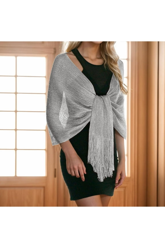 BYHONG Rheane Sparkling Metallic Shawls and Wraps with Buckle for Evening Party Dresses Wedding Party Gold and Silver Silk Tassel Scarf Dinner Wedding Shawl Womens Scarf Silver One Size