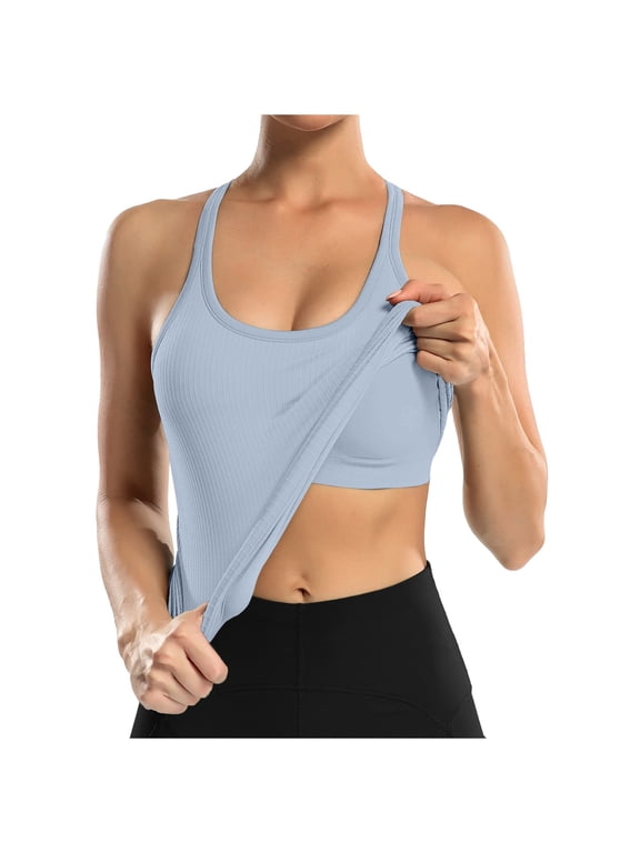 Ribbed Workout Tank Tops for Women with Built in Bra Tight Racerback Scoop Neck Athletic Top Womens Vest Light Blue_001 M
