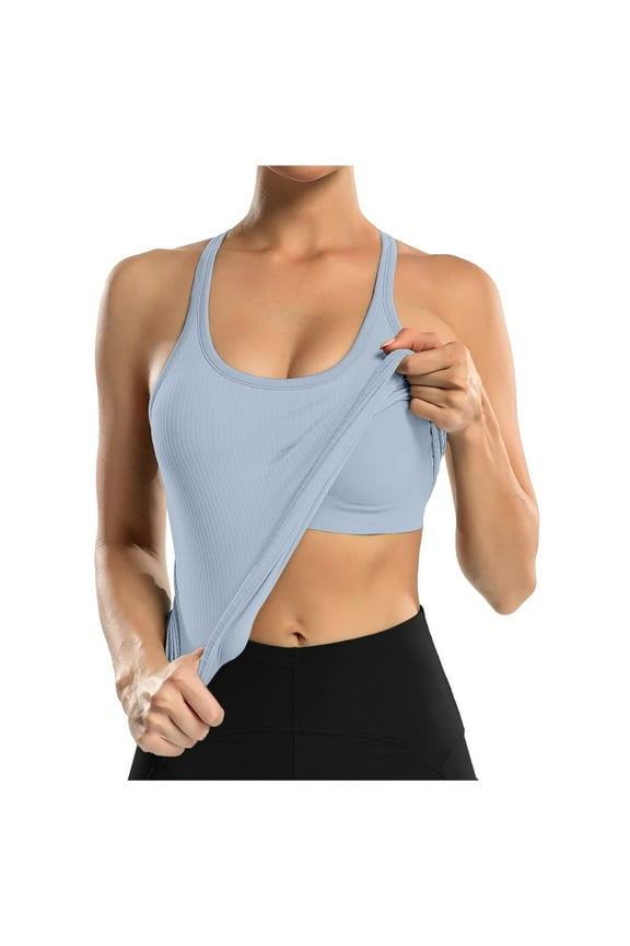 Ribbed Workout Tank Tops for Women with Built in Bra Tight Racerback Scoop Neck Athletic Top Womens Vest Light Blue_001 M