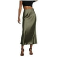 thumbnail image 1 of BYHONG Satin Skirts for Women Midi Current High Waist Skirt Solid Color Slit Mid Length Skirt Long Skirts for Women Green S, 1 of 4