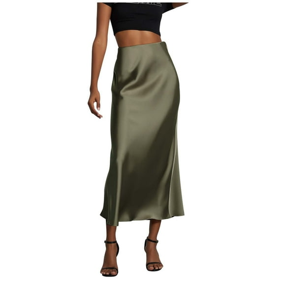 BYHONG Satin Skirts for Women Midi Current High Waist Skirt Solid Color Slit Mid Length Skirt Long Skirts for Women Green S