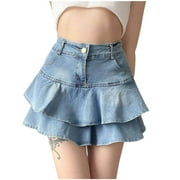Bmisegm Spicy Girl Ruffle Edge Denim Skirt Womens Retro Cake Skirt High Waist Slim Short Skirt Skirts for Women Light Blue S