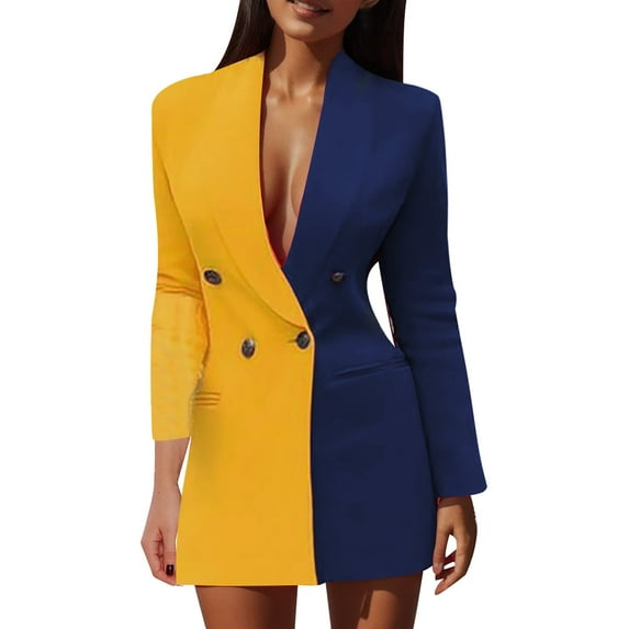 BYHONG V Suit Colorblock Dress Long Neck Fashion Coat Sleeve Patchwork Woman's Women's Coat Womens Jackets Trendy Yellow XXL