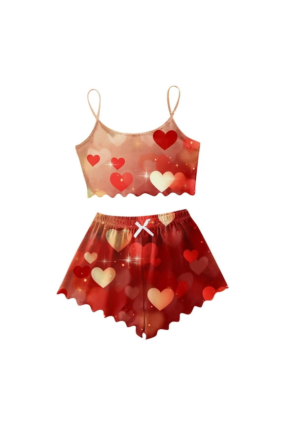 BYHONG Valentine's Day Pajamas for Women Set Soft Heart Print Casual Pajama Shorts Set Softies Loungewear Set for Women Brick Red M