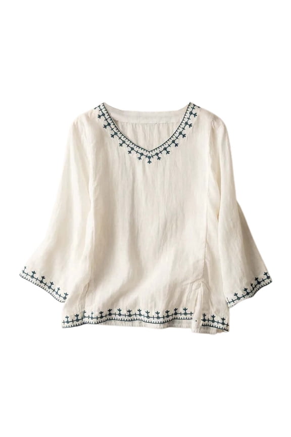Vintage Embroidered Lightweight Cotton Linen Casual Shirt for Women, Loose Fit Retro Style Top, Women's