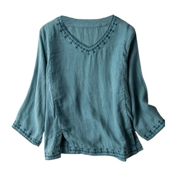 Bmisegm Vintage Embroidered Seven Quarter Sleeve Blouse Lightweight Cotton Linen Casual Shirt for Women Loose Fit Retro Style Top Plus Size Tops for Women Blue XXL