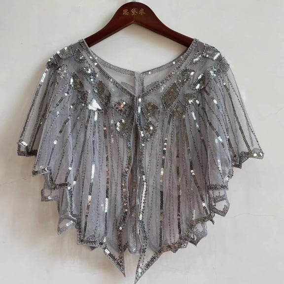 BYHONG Vintage Mesh Loose Cloak Shawl Dress Wrapped with Party Banquet Sequin Sweetheart Stole Scarf Women's Sequin Wraps for Evening Dress Retro Gatsb Womens Scarf Grey One Size