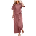 thumbnail image 1 of Bmisegm Women 2 Piece Linen Outfit Sets Cotton Short Sleeve Shirt Wide Leg Trousers Pant Two Pieces Tracksuit 2 Piece Sets Women Outfit M, 1 of 5