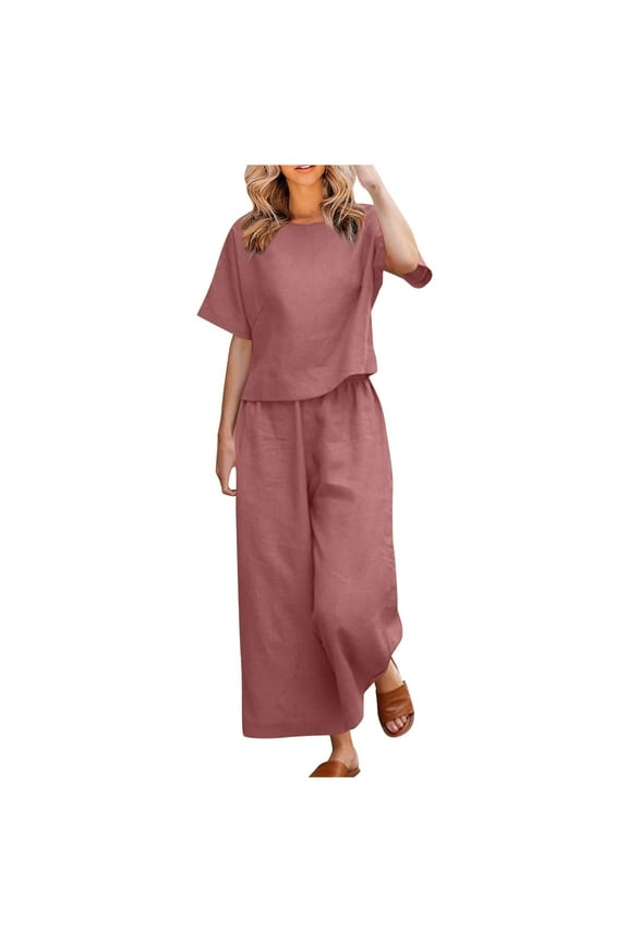 Women 2 Piece Linen Outfit Sets Cotton Short Sleeve Shirt Wide Leg Trousers Pant Two Pieces Tracksuit 2 Piece Sets Women Outfit XXXXL