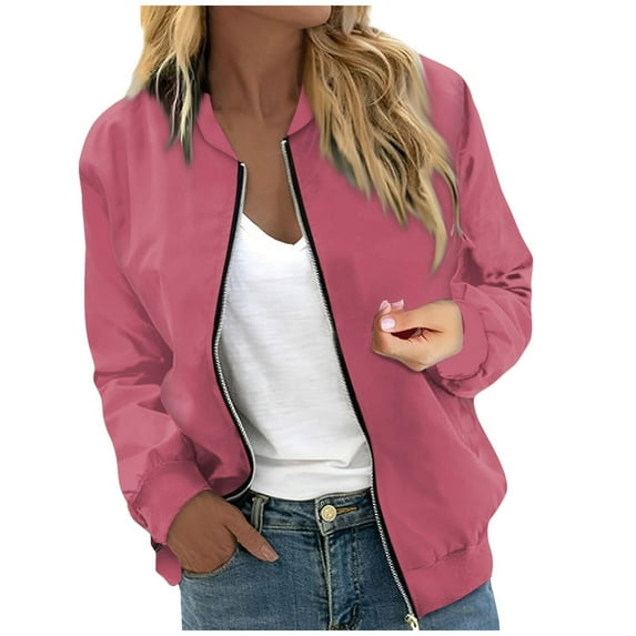 Bmisegm Women Casual Floral Zip up Jacket Spring Long Sleeve Coat Stand Lightweight Short Outwear Tops Jackets for Women Casual Pink L