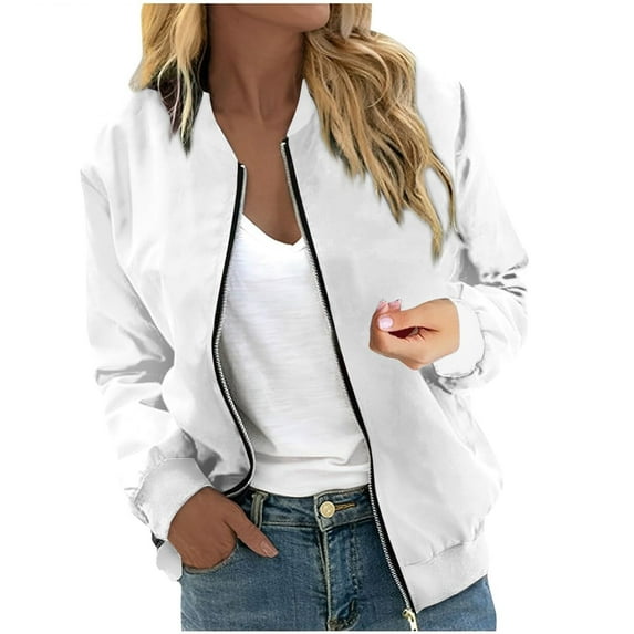 Bmisegm Women Casual Floral Zip up Jacket Spring Long Sleeve Coat Stand Lightweight Short Outwear Tops Jackets for Women Casual White L