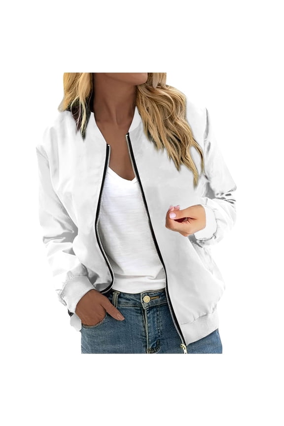 Women Casual Floral Zip up Jacket Spring Long Sleeve Coat Stand Lightweight Short Outwear Tops Jackets for Women Casual White S