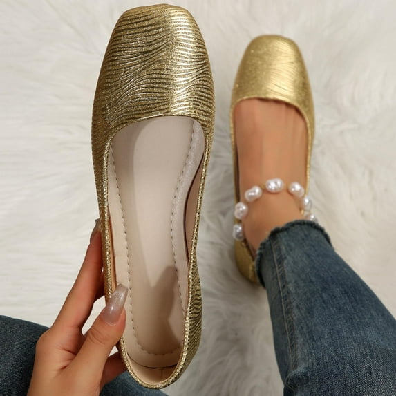 BYHONG Women Casual Shoes Fashionable New Pattern Simple and Pure Color Shiny Square Toe Flat Bottom Comfortable and Non Casual Shoes Casual Shoes for Women Gold 8