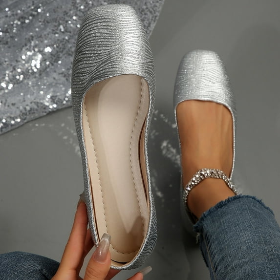 BYHONG Women Casual Shoes Fashionable New Pattern Simple and Pure Color Shiny Square Toe Flat Bottom Comfortable and Non Casual Shoes Casual Shoes for Women Silver 6.5
