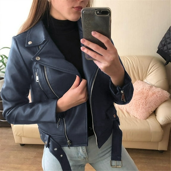 BYHONG Women Cool Leather Jacket Long Sleeve Zipper Fitted Coat Fall Short Jacket Jackets for Women Blue XXL