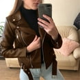 thumbnail image 1 of BYHONG Women Cool Leather Jacket Long Sleeve Zipper Fitted Coat Fall Short Jacket Jackets for Women Brown S, 1 of 4