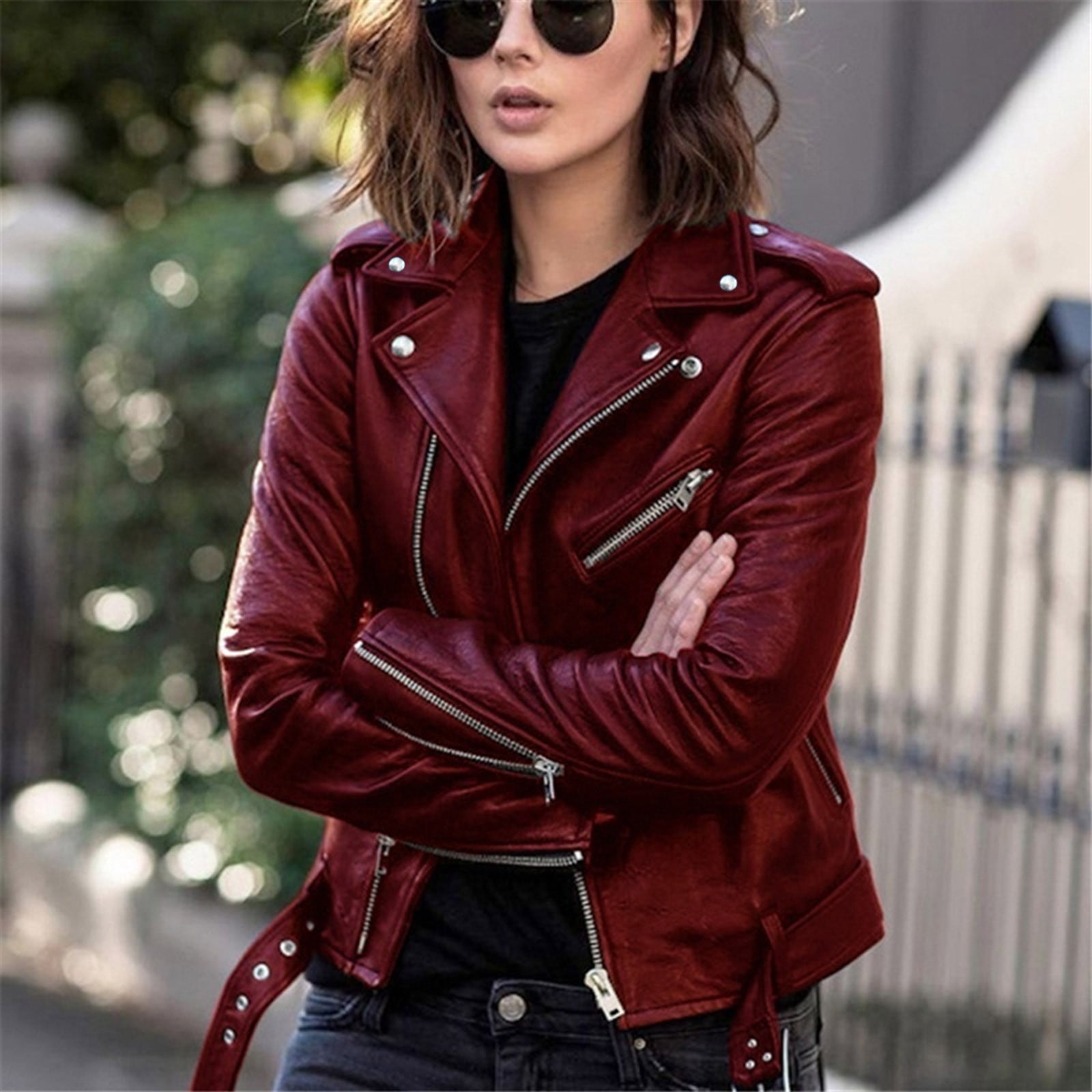 BYHONG Women Cool Faux Leather Jacket Long Sleeve Zipper BYHONG Women Cool Faux Leather Jacket Long Sleeve Zipper